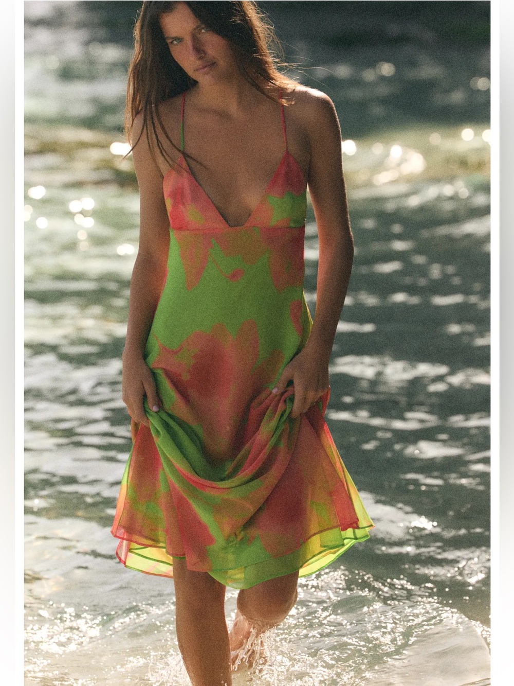Vibrant Green & Coral Printed Strappy Slip Midi Dress